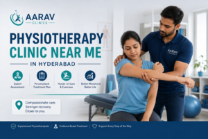 Physiotherapist helping a patient with shoulder rehabilitation at Aarav Clinics in Hyderabad