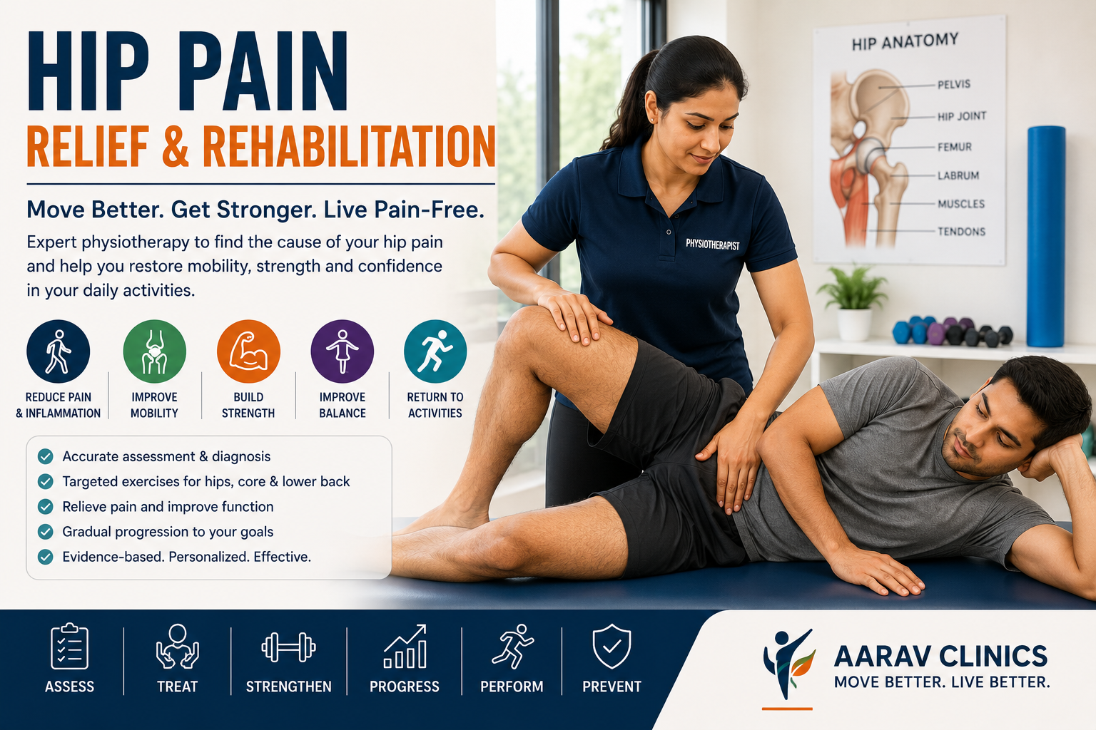 Hip pain physiotherapy with guided rehabilitation exercises