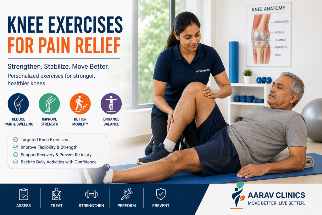 Knee exercises for pain relief with guided physiotherapy rehabilitation