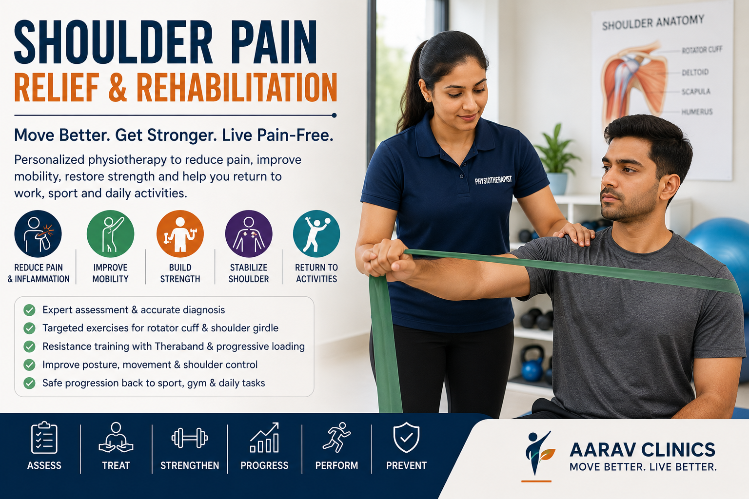 Shoulder pain physiotherapy with guided resistance band exercises