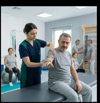 Physiotherapist assisting a patient with upper limb rehabilitation for hemiparesis recovery